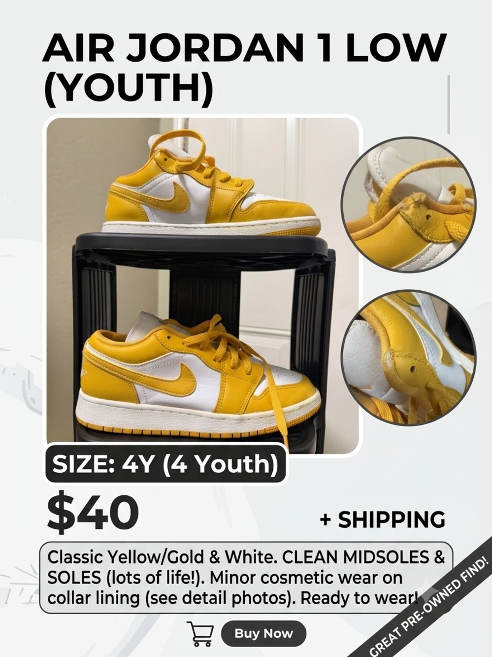 Nike Jordan Youth Low Top Sneakers - Yellow & White
